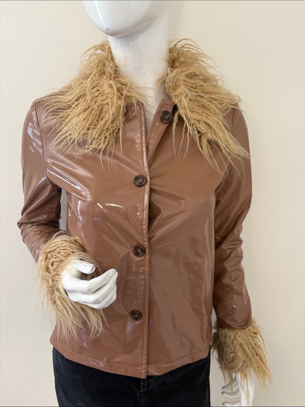 Dolls Kill Brand HalfHeart Faux Patent Leather Jacket w Faux Fur Trim in Tan
